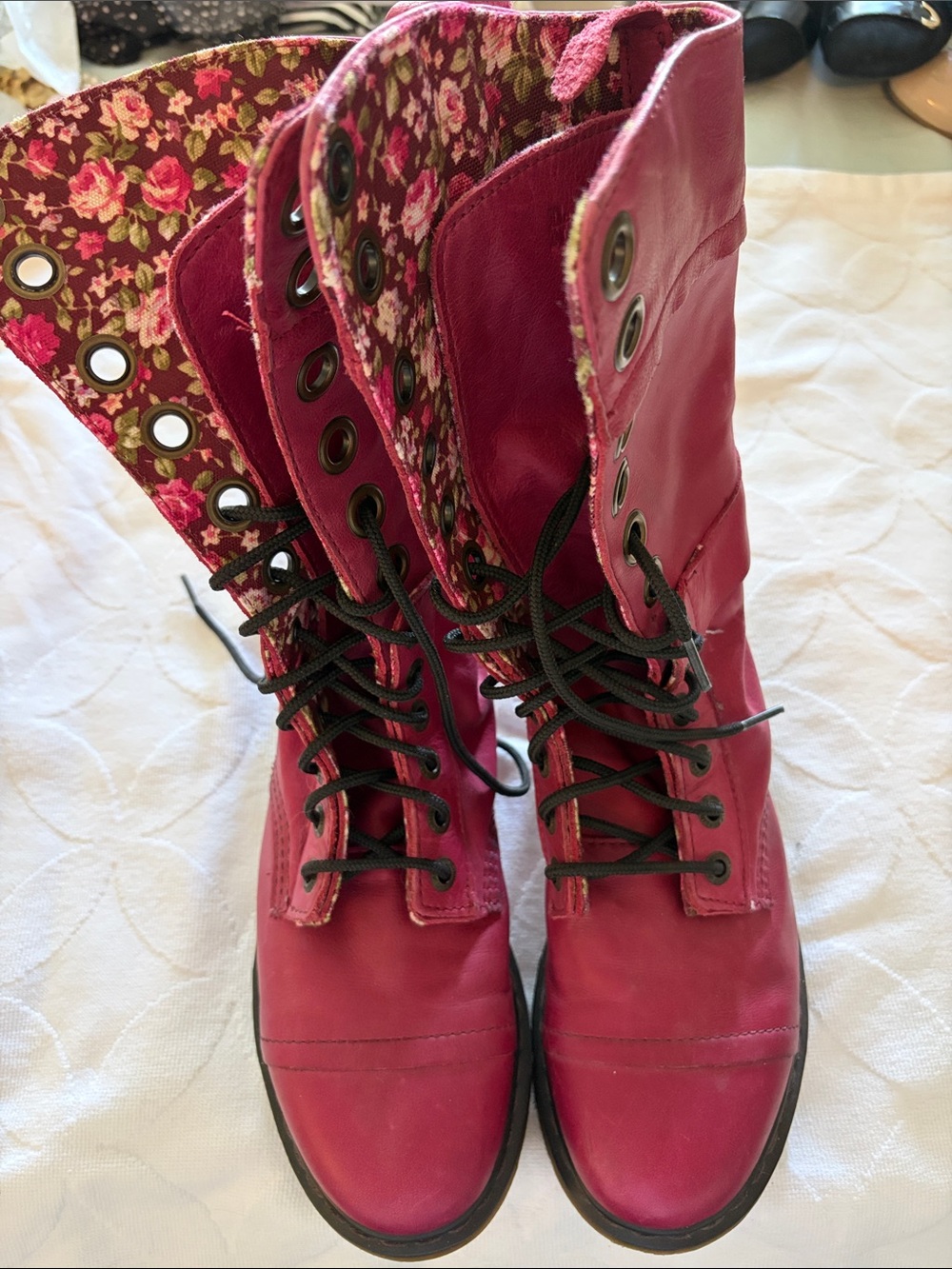 Dr. Martens Women's Fuchsia Lace-Up Combat Boots with Floral Canvas Lining